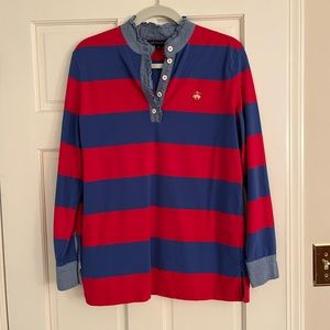 346 Brooks Brothers Red and Blue Striped Rugby Top with Denim Ruffle Trim
